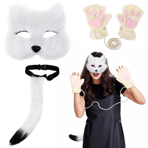 Amosfun 1 Set Katzenkostüm-Requisite, Plüsch-Katzenmaske, Pfotenhandschuhe, flauschige Katzenschwanz-Requisite, Tier-Cosplay-Kostümzubehör, für Halloween, Maskerade, Karneval, Party von Amosfun