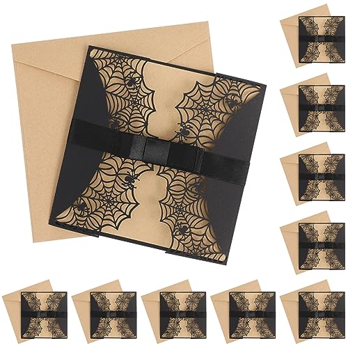 Amosfun Halloween Einladungen Karte Spiderweb Design-Karten mit Bowknots Laser geschnittene Hohle Party-Einladungen Karten (schwarz) von Amosfun