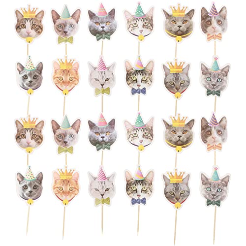 Amosfun Katzen Kuchen Aufleger Set 24 StüCk FüR Geburtstagsfeiern Kreative Papier Tortendeko FüR Tiermottopartys Wiederverwendbare Cupcake Topper Und Snacks Deko von Amosfun