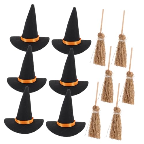 Amosfun Mini Hexenhüte und Besen Set Wiederverwendbare Halloween Deko für DIY Bastelprojekte Tisch und Regaldekoration Leicht und Robust Teilig Hüte Besen von Amosfun