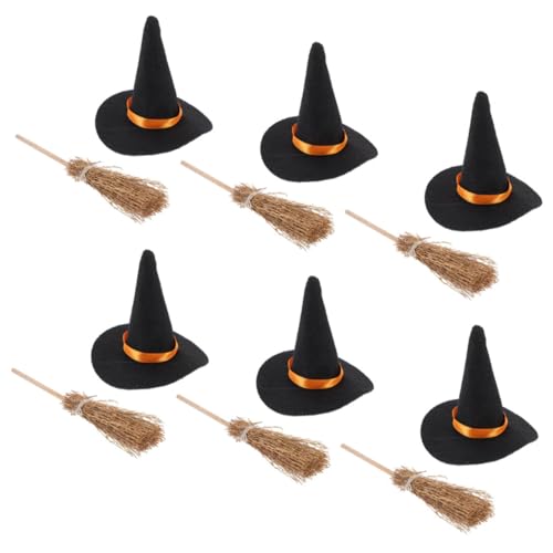 Amosfun Miniatur Hexenhüte und Besen Set Winzige Filz Halloween Dekorationen für DIY Handwerk Büro Zuhause Schule Party Zubehör Elegant Festlich Hexenkostüm Requisiten von Amosfun