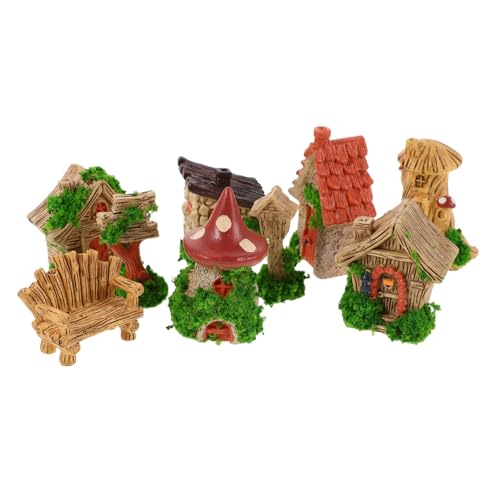 Amosfun Miniatur-Hüttenhaus aus Kunstharz, Feengarten-Dekoration mit Baumstumpf, Puppenhauszubehör, Briefkasten, Stühle und Anleitungstafel für Schreibtisch und Bücherregal, DIY-Szenengebäude, 9 Stück von Amosfun