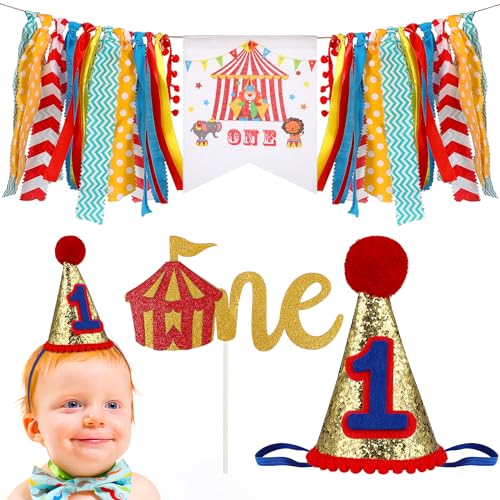 Amosfun Zirkus Karneval 1. Geburtstag Party Dekorationen Kit - Enthält Banner One Cake Topper und Kegel Hut für Junge oder Mädchen Erste Geburtstagsfeier von Amosfun