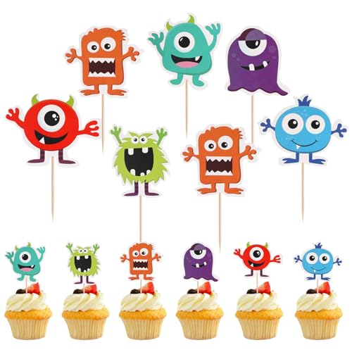Amosfun Monster Cake Topper 12 StüCk, Bunte Papier Kuchen Dekorationen FüR Geburtstag, Babyparty, Gartenparty, Firmenevent, Cartoon-Muster Design, Wiederverwendbar Und Einfach Zu Verwenden von Amosfun