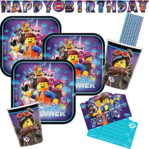 33-teiliges Party-Set Lego Movie 2 - Teller Becher Einladungskarten Girlande Papiertrinkhalme für 8 Kinder von Amscan/Hobbyfun