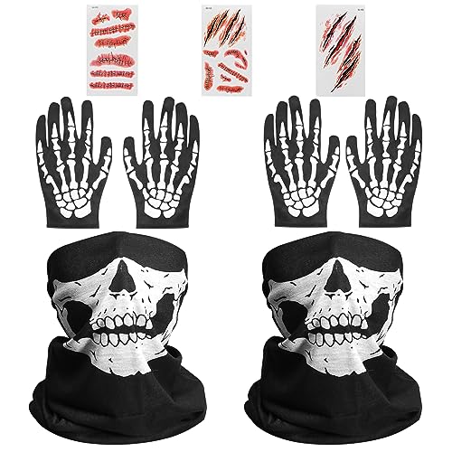 Amsixnt 2 Stück skull motorrad maske,sturmmaske totenkopf,schädel maske,mit skelett handschuhe und halloween scars tattoo aufkleber,für motorrad,halloween party, karneval,cosplay von Amsixnt
