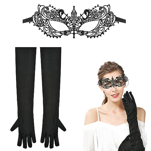 Amsixnt Halloween Augenmaske, Schwarz Spitze Maske, Maskerade Maske, Handschuhe Schwarz Lang, Geeignet für Halloween-Party, Karnevalsparty, Cosplay-KostüM-Matching von Amsixnt