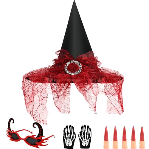 Amsixnt Hexenhut damen set,wicked witch hat,mit Brille Fledermaus,Falsche Finger Nagelabdeckungen und Schädel Handschuhe,Halloween Kostüm Requisiten (Rot) von Amsixnt