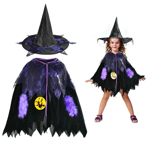 Amsixnt Lila Hexenumhang Kind, Halloween Umhang für Kinder, Wizard Cape Witch Umhang mit Hut, Zauberhut mit Umhang für Kinder, Kostüme Hexen, Zauberer Cape für Jungen Mädchen, 120 cm. von Amsixnt