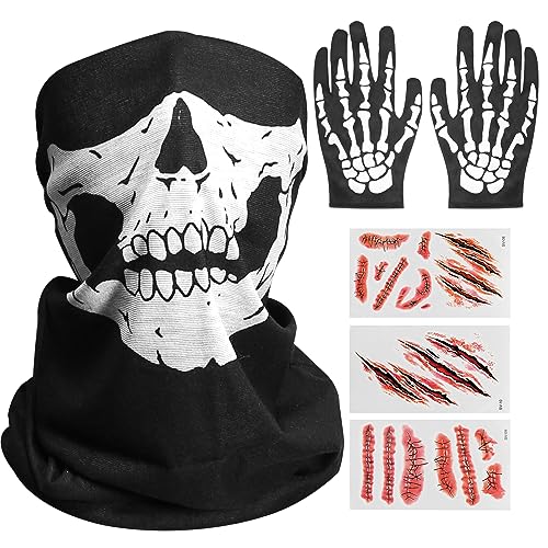 Amsixnt skull motorrad maske,sturmmaske totenkopf,schädel maske,mit skelett handschuhe und halloween scars tattoo aufkleber,für motorrad,halloween party, karneval,cosplay von Amsixnt