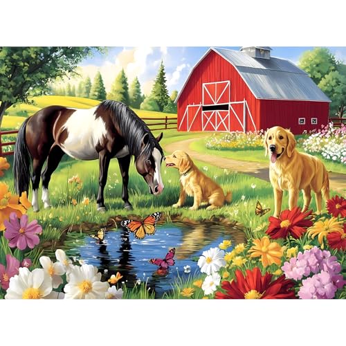 300 Teile Puzzle für Erwachsene, Golden Retriever Pferd auf Bauernhof Landschaft Puzzle, Puzzles für Erwachsene 300 Teile, Herausfordernd und dennoch entspannend, 300 Teile Puzzlespiel für Kinder 300 Teile Puzzle für Erwachsene, Golden Retriever Pferd auf Bauernhof Landschaft Puzzle, Puzzles für Erwachsene 300 Teile, Herausfordernd und dennoch entspannend, 300 Teile Puzzlespiel für Kinder von Amusding