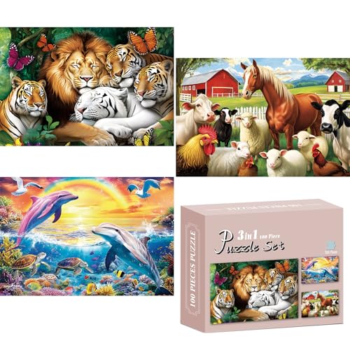 Puzzle für Kinder, Bauernhoftiger, Delfin-Puzzles für Kinder im Alter von 4–6, 6–8, 8–10, 100 Teile, Puzzle für Kinder, Senioren, Erwachsene, großes Puzzle, Vorschule, Geburtstagsgeschenk, 3 Stück Puzzle für Kinder, Bauernhoftiger, Delfin-Puzzles für Kinder im Alter von 4–6, 6–8, 8–10, 100 Teile, Puzzle für Kinder, Senioren, Erwachsene, großes Puzzle, Vorschule, Geburtstagsgeschenk, 3 Stück von Amusding