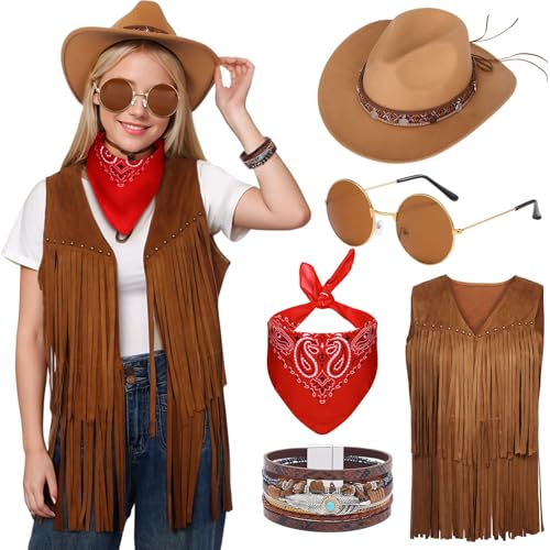 Amycute 60er 70er Jahre Hippie Bekleidungsset Verkleidung Cosplay Weste Hüte Vintage Sonnenbrille Zubehör Damen (M) von Amycute