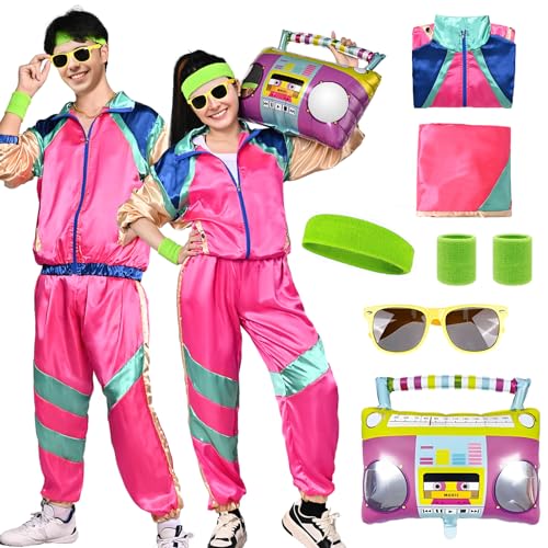 Amycute 80er Jahre Outfit Herren Damen, 80er Trainingsanzug, Jogginganzug 80er Jahre, 80er Jahre Trainingsanzug Jacke Hose Anzug 80er Accessoire, für Faschingskostüm Karneval von Amycute