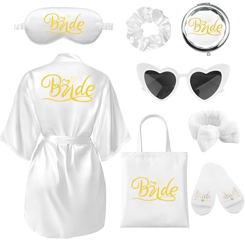 Amycute Bademantel Braut, Bride Bademantel, Bride Morgenmantel, Satin Braut Bademantel V Ausschnitt, Bride To Be Set für Hochzeit Party (Weiß, XL) von Amycute