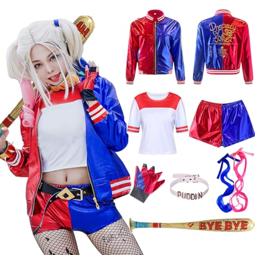 Amycute Faschingskostüm für Mädchen Damen, Set Cosplay Karneval mit Perücke, aufblasbarer Baseballschläger, Kragen, Karnevalskostüme für Mädchen für Halloween Karneval (Frau, L) von Amycute