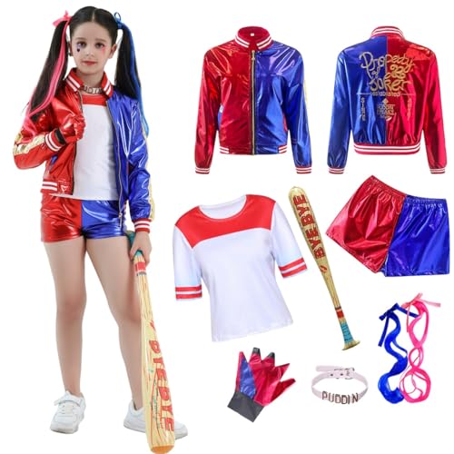 Amycute Karneval Kostüm Mädchen Damen, Set Cosplay Karneval mit Perücke, aufblasbarer Baseballschläger, Kragen, Kostüme Karneval Mädchen für Halloween Karneval (Mädchen, 120) von Amycute