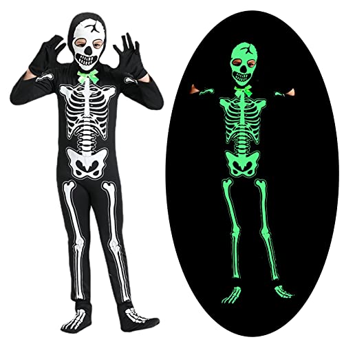Amycute Kinder Skelettkostüm, Horror Skelettkostüm, Skelett Cosplay Kleid, im Dunkeln leuchtende Kostüme für Halloween und Karneval (L) von Amycute