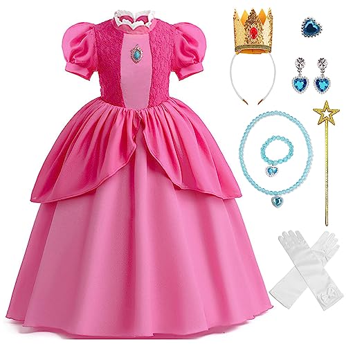 Amycute Peach Kostüm Mädchen, Prinzessin Peach, Prinzessin Peach Kostüm, Party Kostüm Karneval Party Outfits Cosplay für Mädchen, Verkleidung Costume Mädchen von Amycute