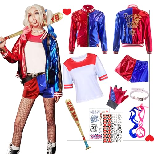 Amycute Quinn Cosplay Kostüme für Erwachsene, Mädchen Bösewicht Suicide Kostüm Kit enthalten Jacke, T-Shirt, Shorts und Handschuh für Halloween Karneval Cosplay (L) von Amycute