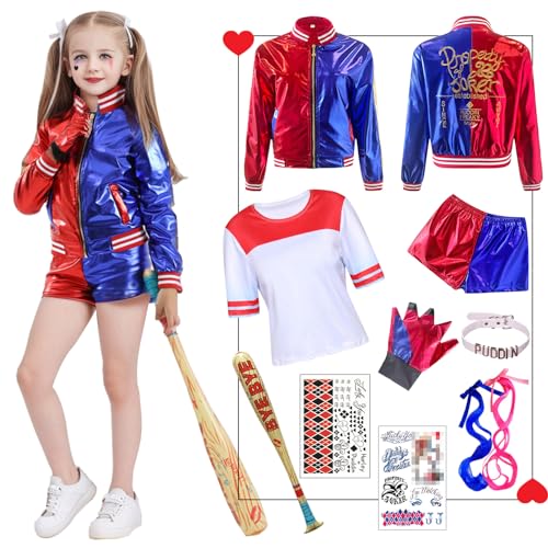 Amycute Quinn Cosplay Kostüme für Erwachsene Kinder, Mädchen Bösewicht Suicide Kostüm Kit enthalten Jacke, T-Shirt, Shorts und Handschuh für Halloween Karneval Cosplay (120) von Amycute