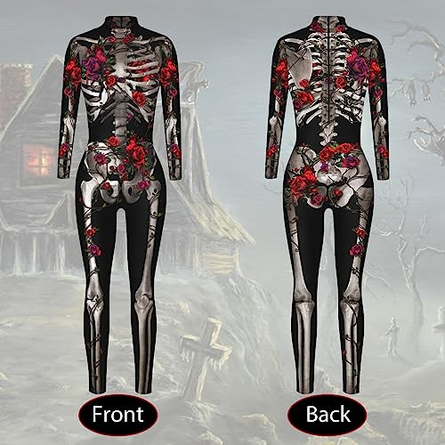 Amycute Skelett Kostüm Damen, Halloween Skelett Kostüm Jumpsuit Damen, Halloween Karneval Kostüm (Style B, 2XL) von Amycute