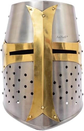 AnNafi Kreuzritterhelm aus Messing | Mittelalterliche Ritterhelme aus Metall | Premium-Qualität mit angepasstem Lederfutter | Dunkle Kreuzzügehelm tragbar für Erwachsene | Mittelalterliche Kostüme von AnNafi