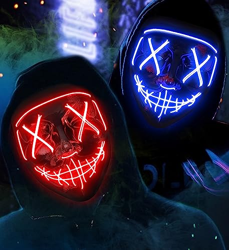 AnanBros Halloween Maske, LED Maske im Dunkeln Leuchtend, 3 Beleuchtungsmodi für Kostümspiele Cosplays Feste und Partys 2 Stück (Rot und Blau) von AnanBros