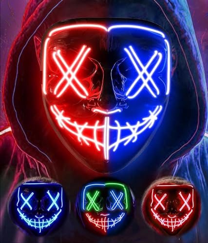AnanBros Halloween Maske, LED Maske im Dunkeln Leuchtend, Halloween Maske 3 Beleuchtungsmodi für Kostümspiele Cosplays Feste und Partys-Blau & Rot von AnanBros
