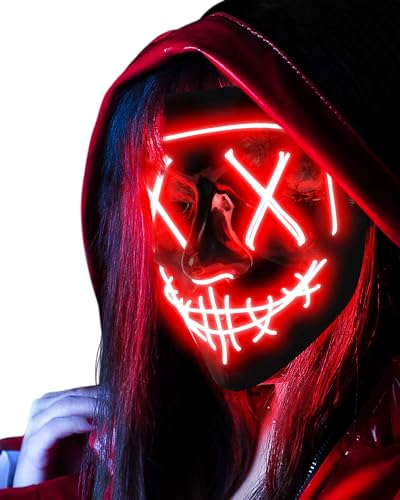 AnanBros Halloween Maske, LED Purge Maske im Dunkeln Leuchtend, Halloween Purge Maske 3 Beleuchtungsmodi für Kostümspiele Cosplays Feste und Partys - Rot von AnanBros