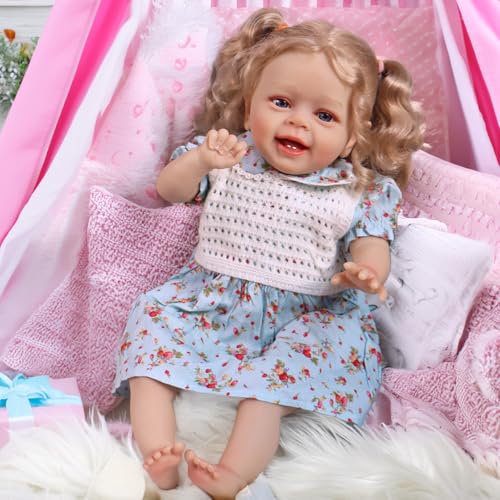 Anano Lebensechte Smiley 50 cm Reborn Babypuppen Realistische Handgemachte bewegliche Neugeborene Babypuppen mit verwurzeltem blondem Haar und weichem Stoffkörper für Kinder ab 3 Jahren von Anano