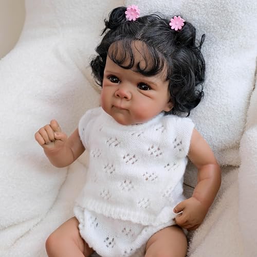 Anano Vollsilikon-Reborn-Babypuppe Schwarze - 18 Zoll (45 cm) Lebensechte Babypuppe, Afroamerikanische Vollsilikon Puppe Mit Lockigem Haar, Realistische Babypuppe Wie Echt Für Kinder von Anano