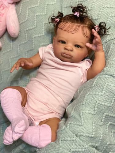 Anano Vollsilikon-Reborn-Puppe Mädchen Schwarze - 51cm, Afroamerikanische Realistische Babypuppe - Lebensechte Babypuppen Mit Handeingepflanztem Lockigem Haar Inkl. Outfit von Anano