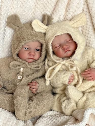 Anano Zwillinge Baby Puppen, Reborn Babypuppe 19zoll Awake Blaue Augen Babypuppen Schlafende Realistische Baby Puppe Lebensechte Säuglingspuppe Vinyl Gliedmaßen Weicher Körper Puppen von Anano
