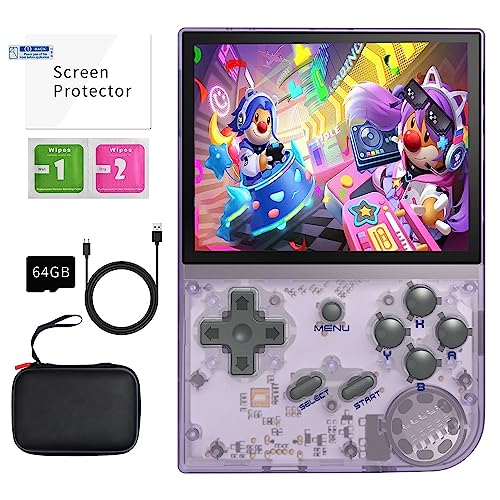 Anbernic RG35XX Handheld Spielkonsole with Portable Bag, 3.5 Inch IPS Screen Linux System Built-in 64G TF Card Pre-Loaded 5474 Classic Games Support HDMI and TV Output (RG35XX Bag-Transparent Purple) von Anbernic