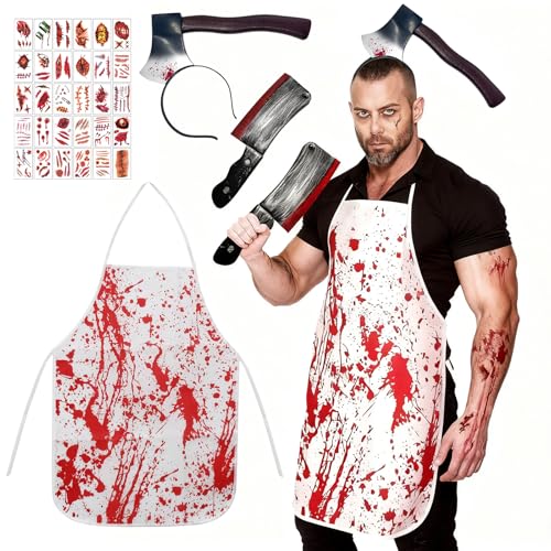 Halloween Schlächter Kostüm, Horror Koch, Metzger Kostüm mit Hackbeil Stirnband, Blutiges Requisitenmesser, Blutige Schürze, 30 Tattoo Aufkleber, für Halloween, Karneval, Kostüm Party, Cosplay (A) von Anbnoco