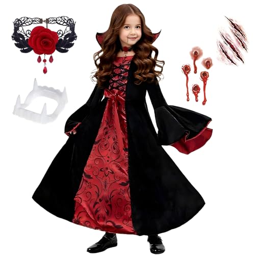 Vampir Kostüm Mädchen, Halloween Kostüm, Kinderkostüm Vampirin, Gothic Vampir Prinzessin Kleid, mit Vampirin Zähne, Halskette, Aufkleber, für Halloween,Karneval,Fasching,Mottoparty,Rollenspiel (XL) von Anbnoco