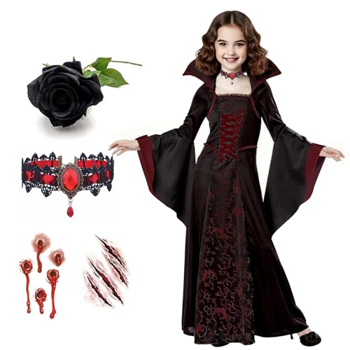 Vampirkostüm für Mädchen, Halloween Vampir Kostüm, Gothic Vampir Prinzessin Kostüm, Kinder Vampirin Kleid, mit Halskette,Rose,Aufkleber, für Halloween,Karneval,Fasching,Mottoparty,Role-Playing (160cm) von Anbnoco