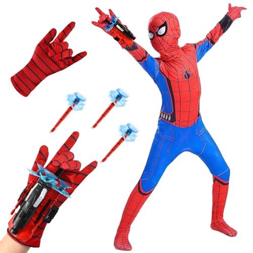 Spiderman Kostüm Kinder mit Spider Launcher Handschuh, Halloween Kostüm für Kinder, Spider-Man Cosplay Kostüme für Kinder, Bodysuit Superhelden Kostüme für Jungen Mädchen Halloween Karneval Cosplay von Anbobili