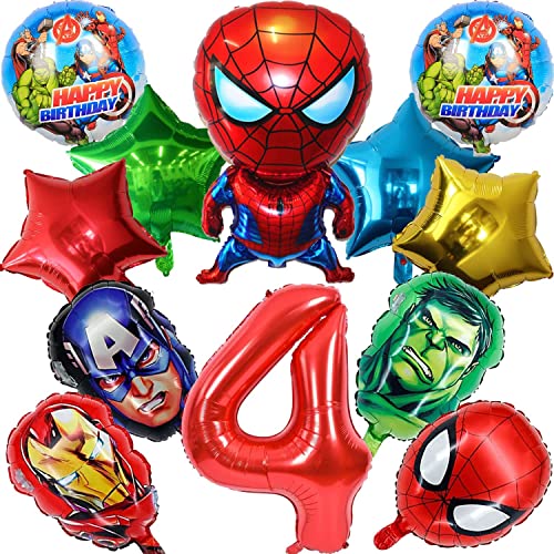 Superhelden Luftballons Geburtstag 4 Jahre, 12 Stück Marvel Marvel Avengers Geburtstag Ballons Dekoration, Luftballons 4. Geburtstag, Spider-Man Folienballons für Kinder Geburtstag Party Dekoration von Anbobili