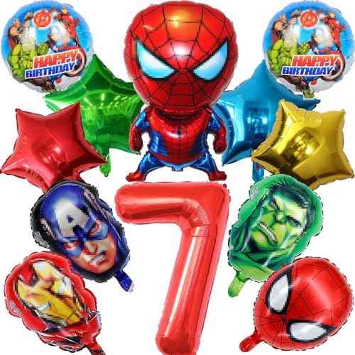 Superhelden Luftballons Geburtstag 7 Jahre, 12 Stück Marvel Avengers Geburtstag Ballons Dekoration, Luftballons 7. Geburtstag, Spider-Man Folienballons für Kinder Geburtstag Party Dekoration von Anbobili