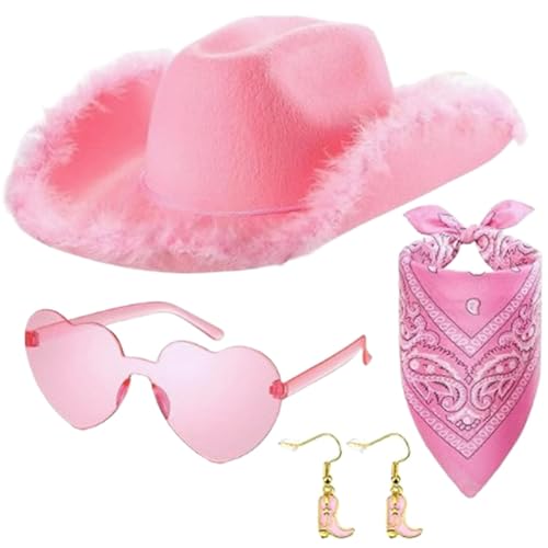 Ancsttu Cowgirl-Hut-Set, Damen-Rosa-Cowboy-Hut,4X Rosa Cowboy-Kostüm Damen Erwachsene Hut - Fotografie Maskerade Plüsch Mode Cowgirl Rollenspiel Hut mit Bandana für Freundin Ancsttu Cowgirl-Hut-Set, Damen-Rosa-Cowboy-Hut,4X Rosa Cowboy-Kostüm Damen Erwachsene Hut - Fotografie Maskerade Plüsch Mode Cowgirl Rollenspiel Hut mit Bandana für Freundin von Ancsttu
