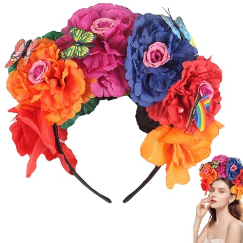 Ancuioyz Totenkopf Kostüm Schleier Blumen Stirnband, Künstlicher Rosen Kopfschmuck für Ostern und Halloween, Skelett Damen (Orange) von Ancuioyz
