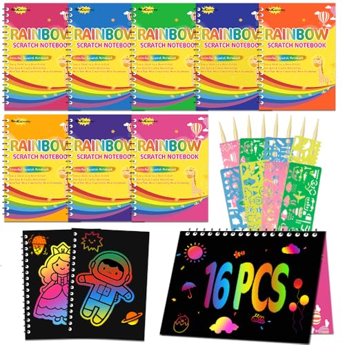 AndCarrotoy 16 Bücher Kratzbilder Set für Kinder, DIY Kratzbuch Bastelset mit 16 Holzstifte, 16 Malschablonen, Scratch Art Book zum Zeichnen und Basteln für Geburtstagsgeschenk Party Junge und Mädchen von AndCarrotoy