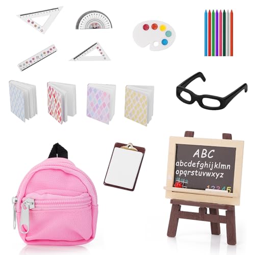 Andibro 22 Stück Miniatur Puppe Schule Set, 1:12 Puppenhaus Mini Schule Zubehör Home Miniatur Modell DIY Dekor Puppe Buch Rucksack Blackboard Clipboard Lineale Buntstifte Playset Puppenhaus Zubehör von Andibro