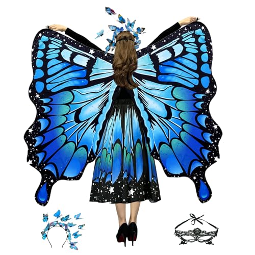 Andiwa Schmetterling Kostüm Damen, Faschingskostüm für Erwachsene, Karneval Kostüm Damen, Faschingskostüme Mädchen Schmetterling Zubehör 3 Set mit Haarreif Gesichtsmaske (Blau) von Andiwa