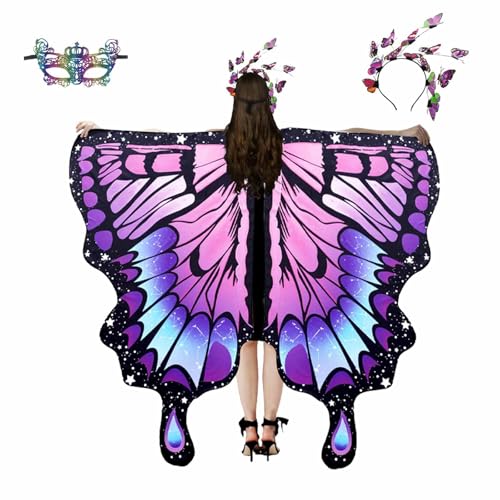 Andiwa Schmetterling Kostüm Damen, Faschingskostüm für Erwachsene, Karneval Kostüm Damen, Faschingskostüme Mädchen Schmetterling Zubehör 3 Set mit Haarreif Gesichtsmaske (Lila 3-teiliges Set) von Andiwa