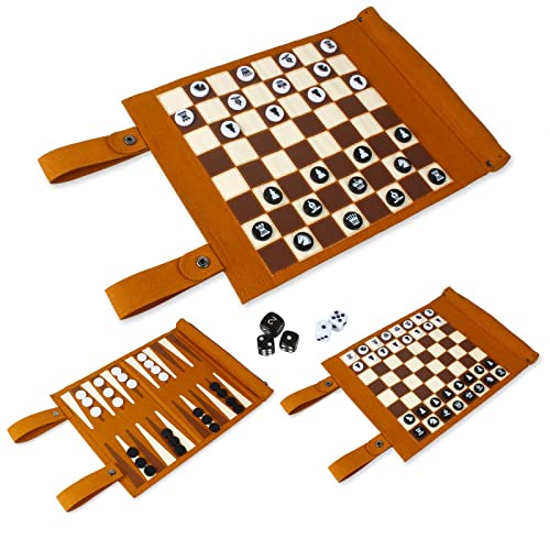 Andux Rollbares 3-in-1-Schach-Backgammon-Brettspiel, tragbares Mikrofaser-Schachspiel PGSLQ-01 (Braun) von Andux