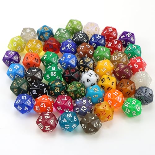 Anevios 50 Stück Bunt Würfel Set Polyedrische Würfel d20 mit Schwarze Kordelzugbeutel Tisch Spiel Würfel für Dungeons and Dragons Pathfinder DND RPG MTG Tischspiele - 20 Seitige von Anevios