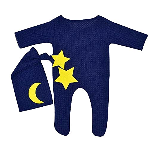 Anevous Neugeborenes Baby Fotografie Requisite Outfits mit Sternen und Mond,Newborn Bodysuit Romper,Säugling Baby Foto Requisiten Outfits Bekleidung,Fotoshooting Stricken Strampler Hut Set,Marineblau von Anevous